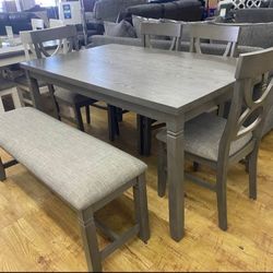 ✅️✅️6 pc bridget ii grey finish wood dining table set padded seat chairs and bench✅️✅️