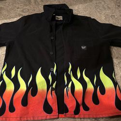 Gallery Debt. black flame button up shirt