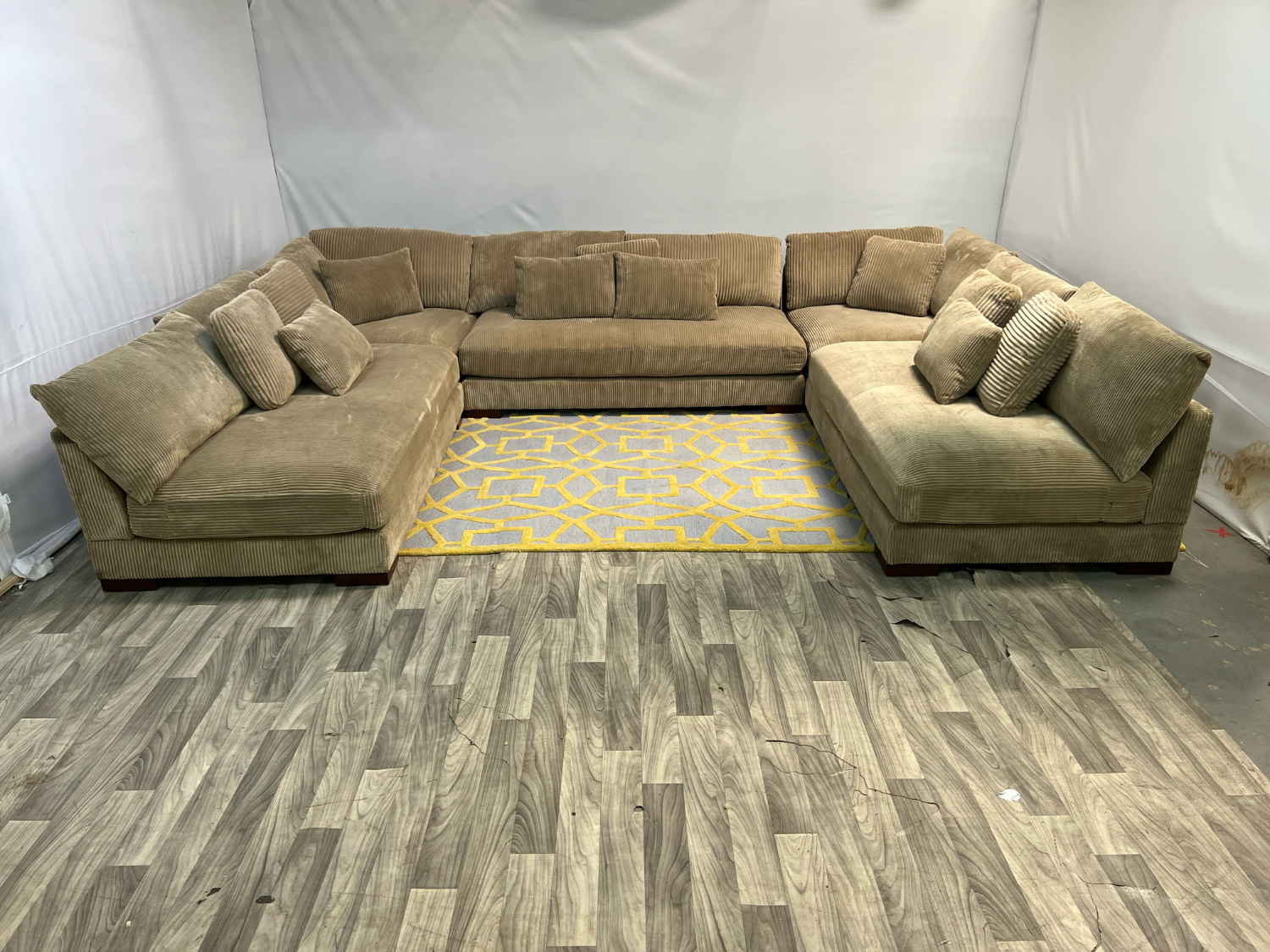 ( Delivery Available ) Large Corduroy U-Shape Beige Sectional Couch