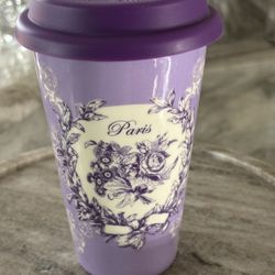 Paris French Country Floral Purple Ceramic Travel Coffee Mug With Silicone Lid