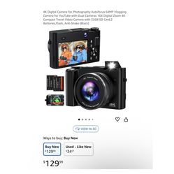 Brand new 4K Digital Camera for Photography Autofocus 64MP Vlogging Camera for YouTube with Dual Cameras 16X Digital Zoom 4K Compact Travel Video Came