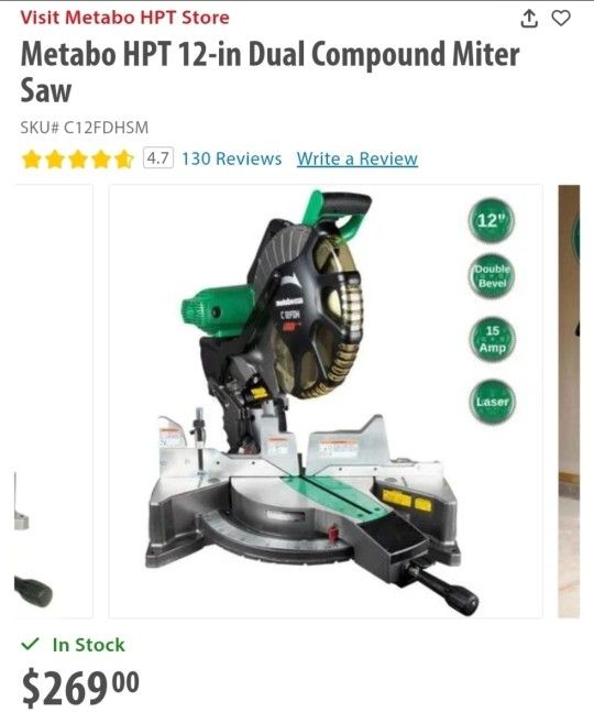 Metabo HPT 12-in Dual Compound Miter Saw $200