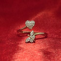 10k Yellow Gold Diamond Butterfly & Heart Ring 0.15 ctw