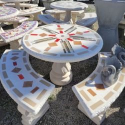 Concrete Mosaic Picnic Table with 3 Benches/ Outdoor Patio Furniture