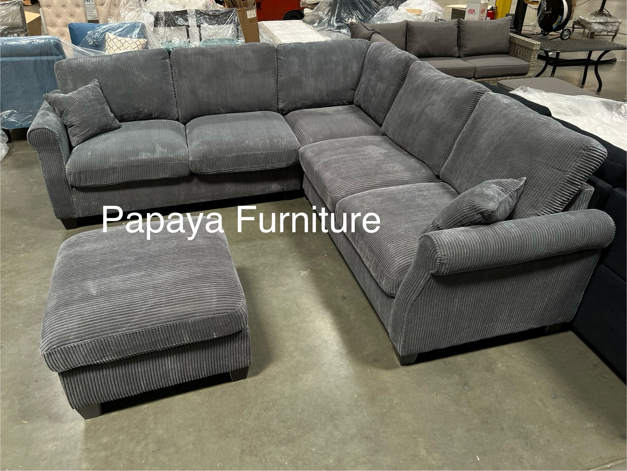 New! Comfy Plush Sectional Couch, Sectional And Ottoman, Grey Sofa, Gray Couch, Corduroy Sectional, L-Shaped Sofa, Living Room Sofa Set, Plush Couch