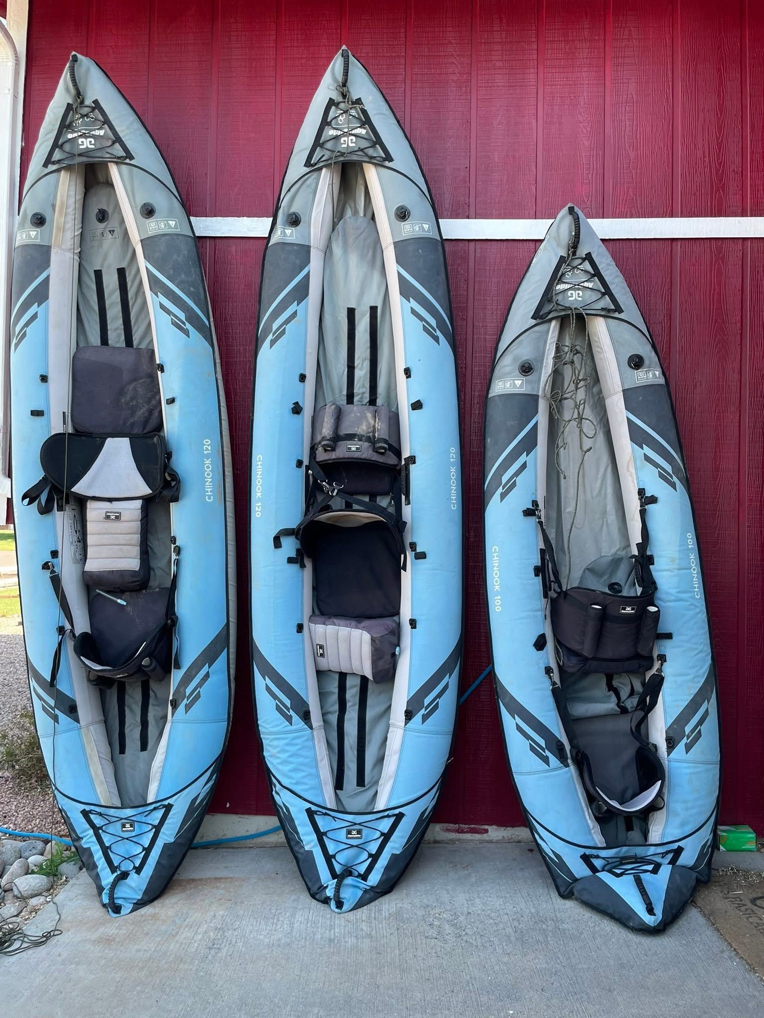 3 AquaGlide Chinook Inflatable Kayaks, 2 Chinook 120 XLs, 1 Chinook 100 - $1100
