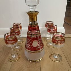 Vintage Set,  Bohemian Czech Crystal,   Decanter With 6 Cordial Glasses 