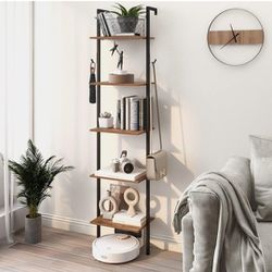 Industrial Bookshelf Wall Mounted 5-Tiers Ladder Shelf Wooden and Metal Narrow Thin Bookshelf Open Display Storage Rack for Living Room Bedroom Home O