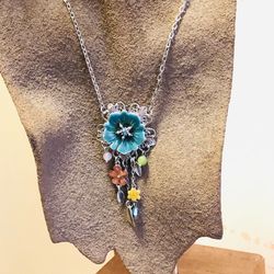 Blue flower pendant with charms necklace NEW