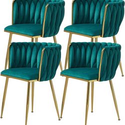 Velvet Dining Chairs Set of 4, Modern Upholstered Dining Room Chairs with Golden Metal Legs and Woven Backrest for Dining Room, Kitchen, Vanity, Livin