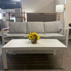 🔥Special Discount (Set of 2)🔥 White aluminum outdoor casual set ,with light gray seat cushion3-seater bench and coffee table(White)💰199$  Decatur L