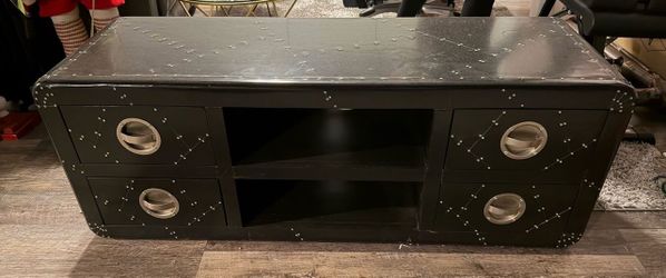 Aviator Style Riveted Metal TV Stand Console With 4 Drawers
