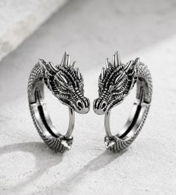 Stylish Black Stainless Steel Chinese Dragon Hoop Earrings