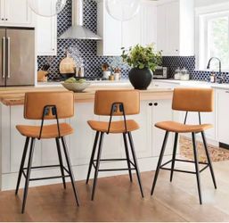 Set Of 3 24.5 in. H Whiskey Brown Metal Counter Height Bar Stools Curved Seat Faux Leather Barstools