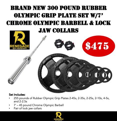 Brand New 300 Pound Rubber Olympic Grip Plate Set With 