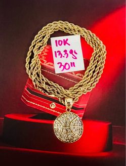 For Wedding 10K Yellow Gold Rope Chain and Pendant CUBIC ZIRCONIUM STONES 13.3Gr 30 Inches Long