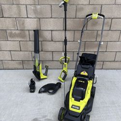 RYOBI 18V Lawn Mower, Leaf Blower & String Trimmer Combo Kit w/4Ah Battery & Charger