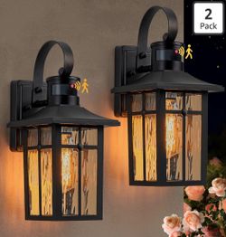 Motion Sensor Outdoor Wall Lights 2 Pack, Aluminum Dusk to Dawn Exterior Light Fixtures with Ripple Glass, 3 Lighting Modes Black Outdoor Wall Lantern
