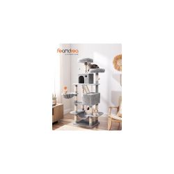 Cat Tree 66.1-inch Large Tower Multi-level Plush Condo With 13 Posts 2 Perches 2 Caves Basket Hammock Pompoms Smoky Gray Upct165g01