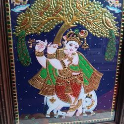 Antique Tanjore Painting Krishna Venugopala 1950s 24k Gold Leaf Handcrafted India