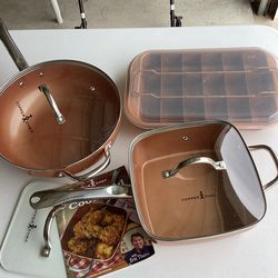 SET of Copper Chef Square Pan w/ Lid, Round Pan/Skillet/Pot w/Lid, Roasting Pan/Brownie Maker Divider w/ cover  Great Condition!