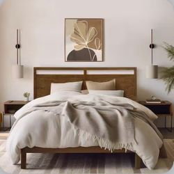 Brand New！Farmhouse Brown Queen Double Panel Wood Headboard with Frame Set and Upholstering，IF1883