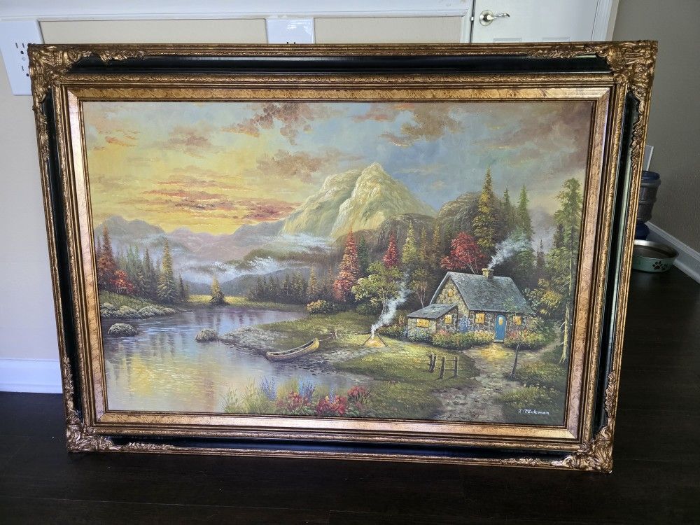 Wallart Decoration Framed Landscape Painting – Cozy Cottage by the Lake – Signed “I. Parkman”