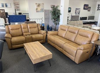 Real Leather Power Reclining Sofa And Loveseat With Cup Holders