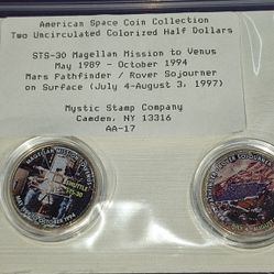 Mystic Stamp Company American Space Coin Collection featuring two uncirculated colorized half dollars commemorating the STS-30 Magellan Mission to Ven