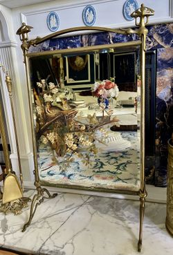 Antique Large Victorian Hand Painted Bird Scene Mirrored Fireplace Screen