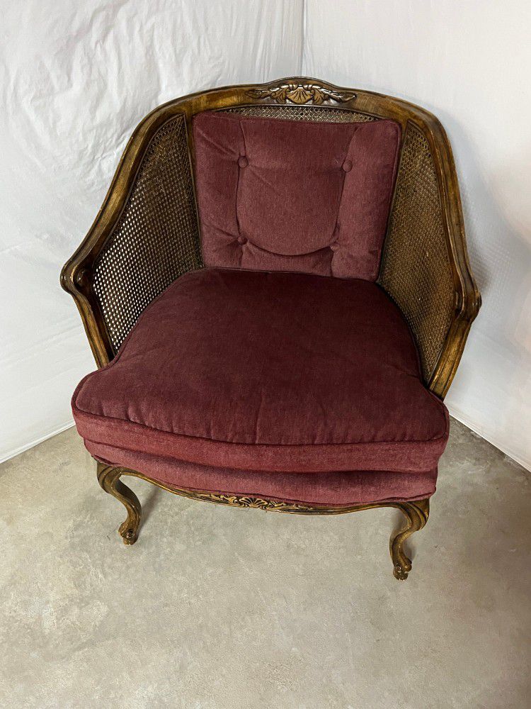 Vintage Louis XV Styled Cane Back Chair Red Cushions