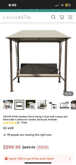 GRAND PATIO Outdoor Porch Swing 3-Seat with Canopy and Removable Cushion for Garden, Backyard, Poolside