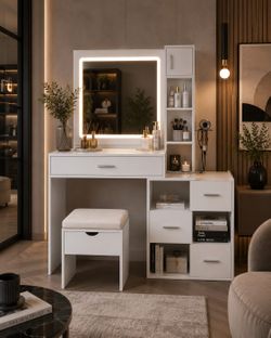 Vanity Desk with Mirror and Lights, Vanity Table Set with Storage Drawer & Chair & 3 Shelves, 3 Lighting Colors, Adjustable Brightness Makeup Vanity
