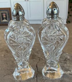 Vintage Cut Crystal Glass Salt and Pepper Shakers with Metal Tops