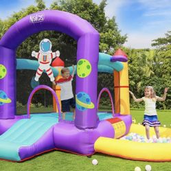 Inflatable Bounce House with Slide, Basketball Hoop, Dart Game and Ball Pit - Like New