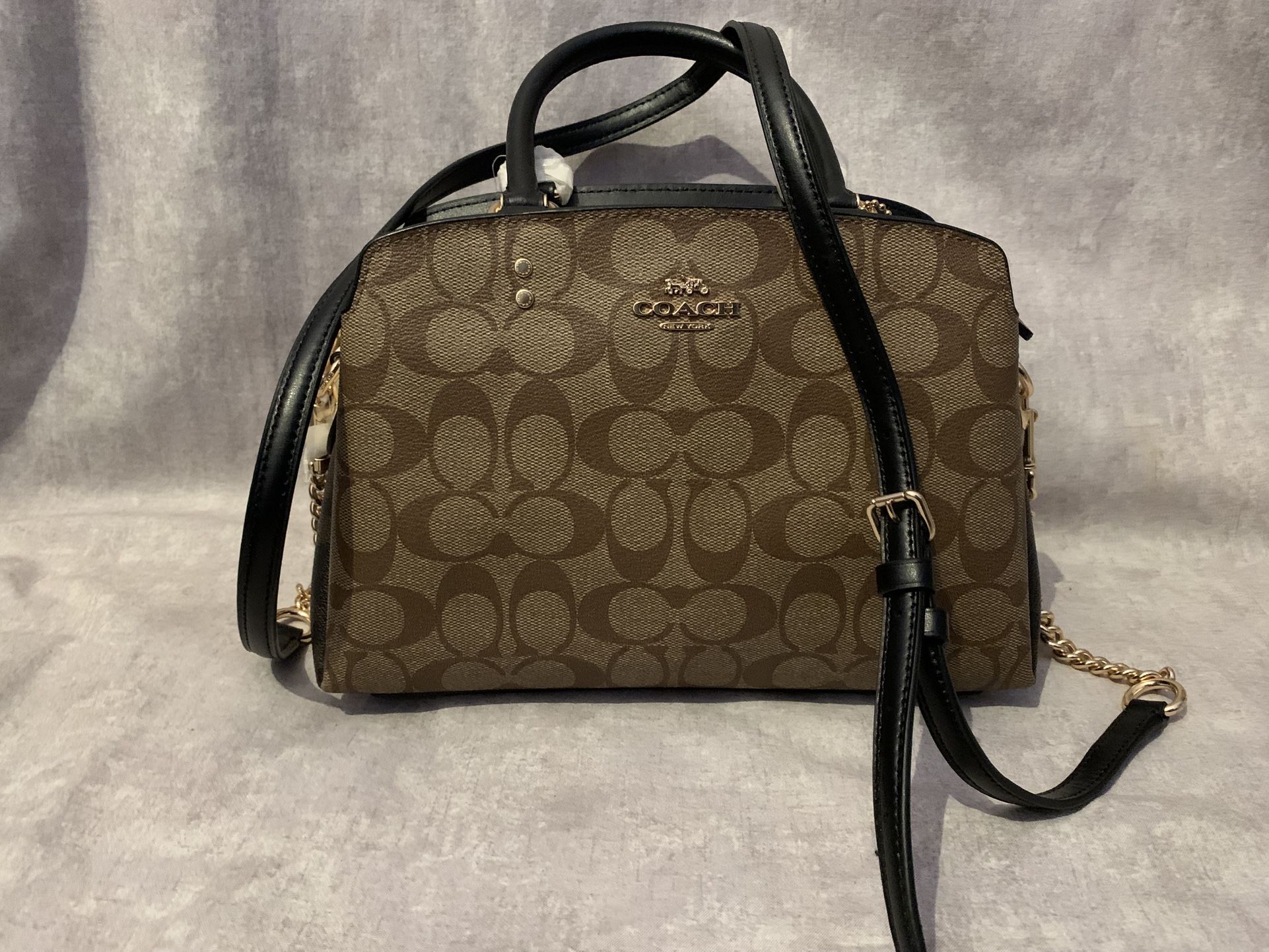 Coach Mini Lillie Carryall Colorblock Signature Black Canvas Gold Khaki Purse Designer