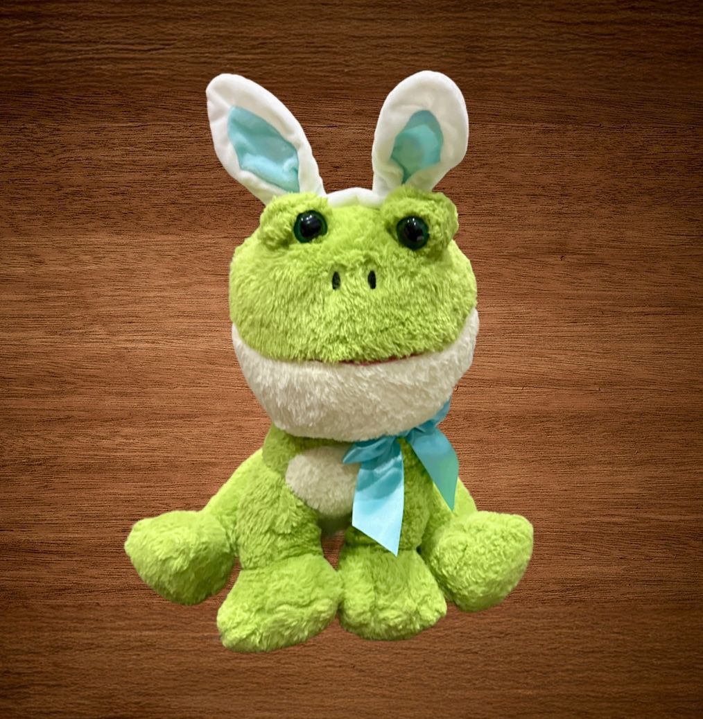 GREEN FROG W/BUNNY EARS STUFFED  ANIMAL. EASTER PLUSH 15” 