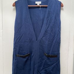 Joan Rivers Sweater Vest Sz XXS Blue with Black Faux Leather Trim Knee Length