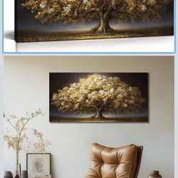 Tree Wall Art for Living Room, White Flower and Gold Leaves Canvas Wall-Decor for Bedroom, Landscape Picture Prints for Hallway Office, Size 40 x 20 I