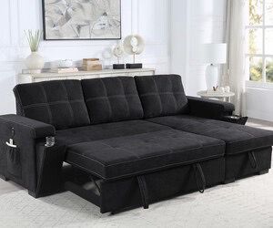 95" Black Woven Reversible Sleeper Sectional Sofa with Storage Chaise Cup Holder Charging Ports and Pockets