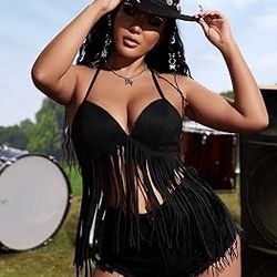 Verdusa Women's Fringe Tied Backless Suede Halter Top Deep V Neck Going Out Tops Western Outfits