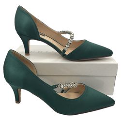 Erijunor satin rhinestone straps pointed toe formal green pumps women’s Size 8.5