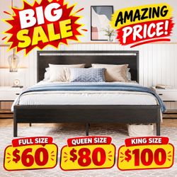 Full / Queen / King Size Bed Frame, Heavy Duty Metal Platform Bed with Wooden Headboard & Footboard, Black Oak, Adult