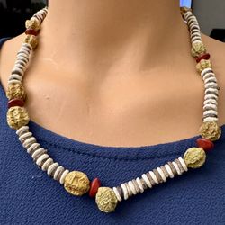 Vintage African Puka Shell And Seed Necklace 21” Long. 