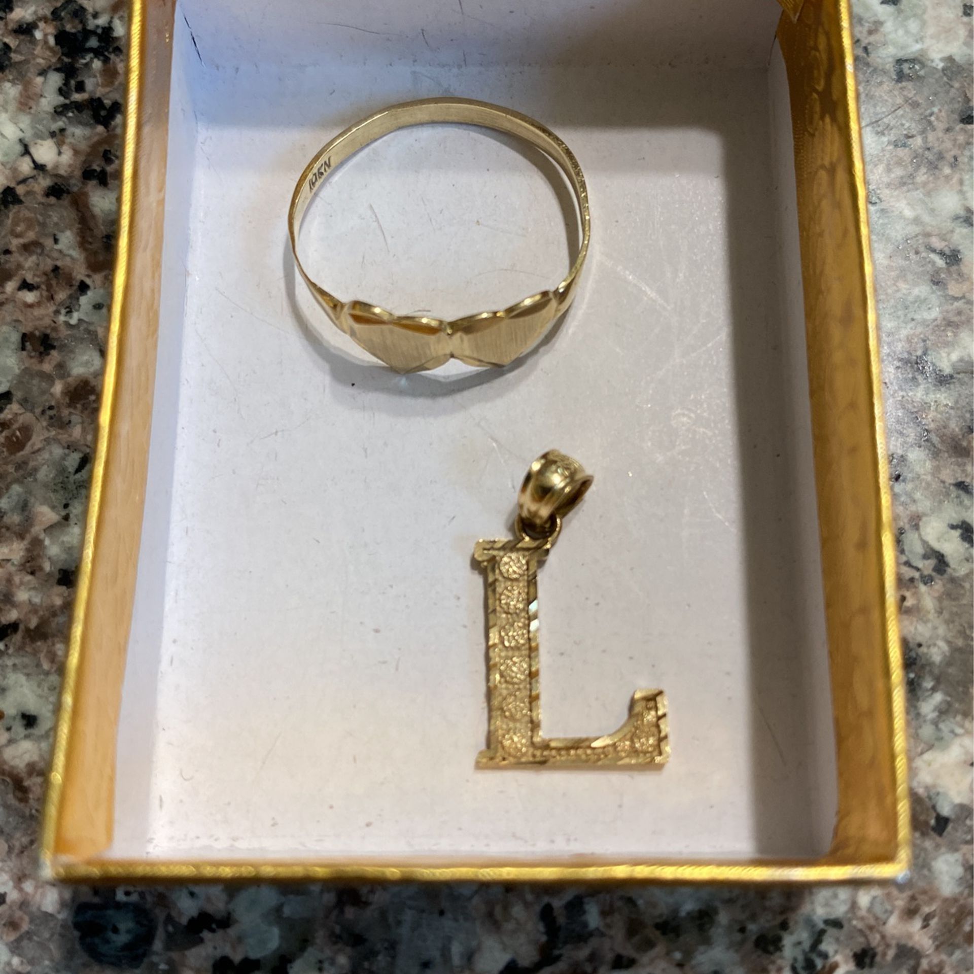10k Gold Ring With 2 Hearts/ 10k Gold “L” Pendant 