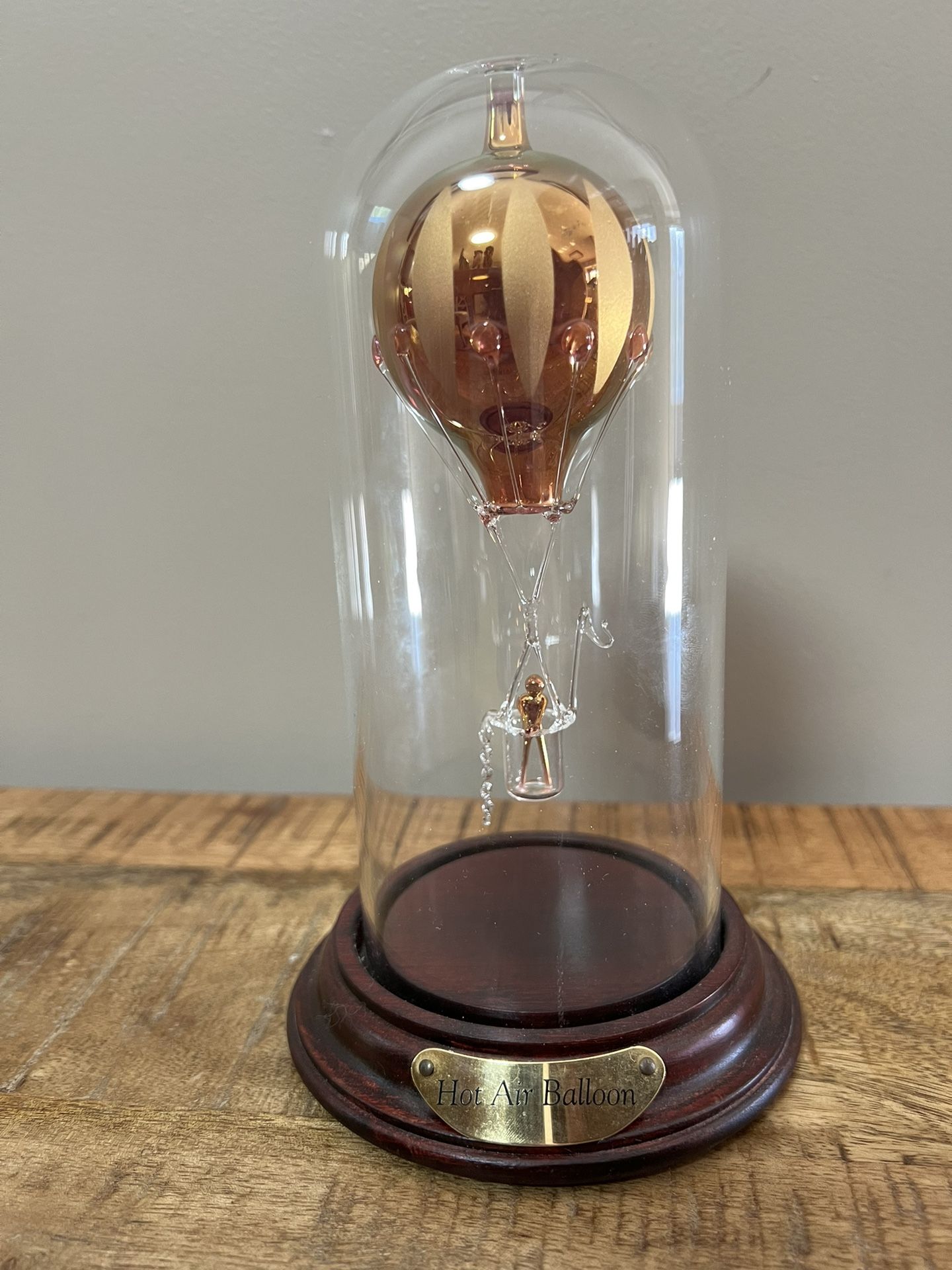 Vintage Glass Dome Blown Glass Hot Air Balloon Sculpture on Wooden Base