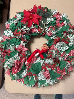 Vintage Handmade Christmas Fabric Rag Wreath Pixie Elf Poinsettia Door Decor