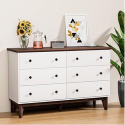6 Drawer Dresser for Bedroom, Modern Mid-Century White Double Dresser Wood Chest Organizer with Metal Knobs & Wide Storage Drawer for Office, Hallway,
