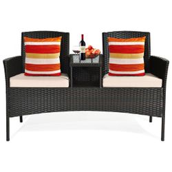 Patio Rattan Cushioned Loveseat Sofa with Table