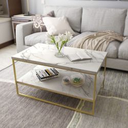  2 Tier White Faux Marble Print Coffee Table